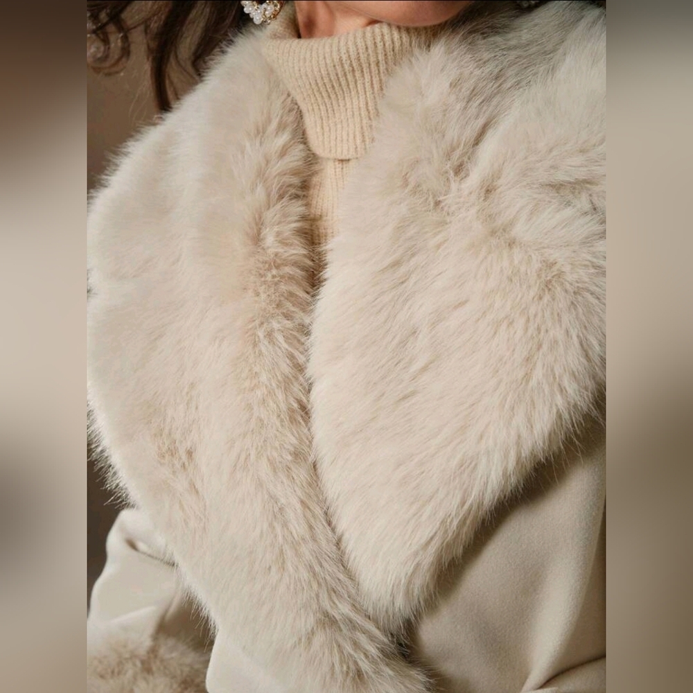 NEW Glam Faux Fur Borg Collar Double Breasted Tie Waist Jacket Coat Beige Cream - Picture 3 of 13